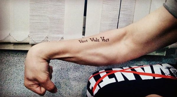 forearm veni vidi vici words tattoo
