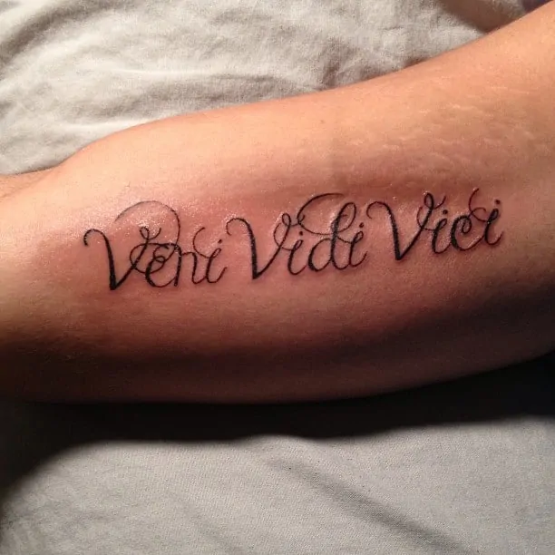 Beautiful veni vidi vici bicep tattoo for male