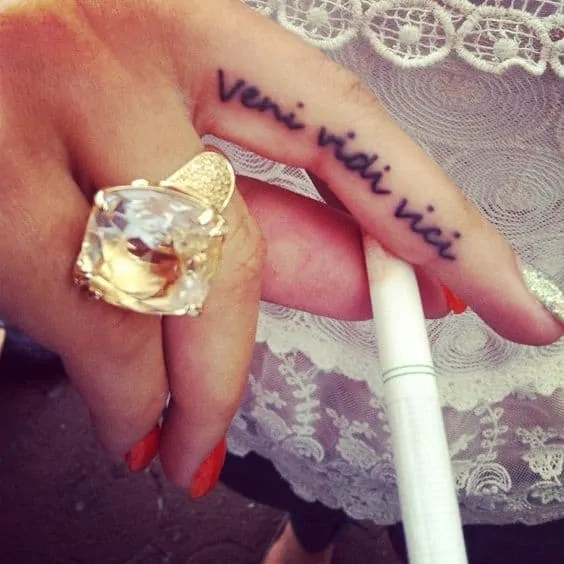 veni vidi vici on finger tattoo for woman and man