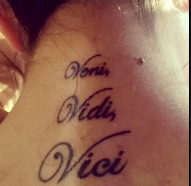 Veni vidi vici tattoo on the neck for woman