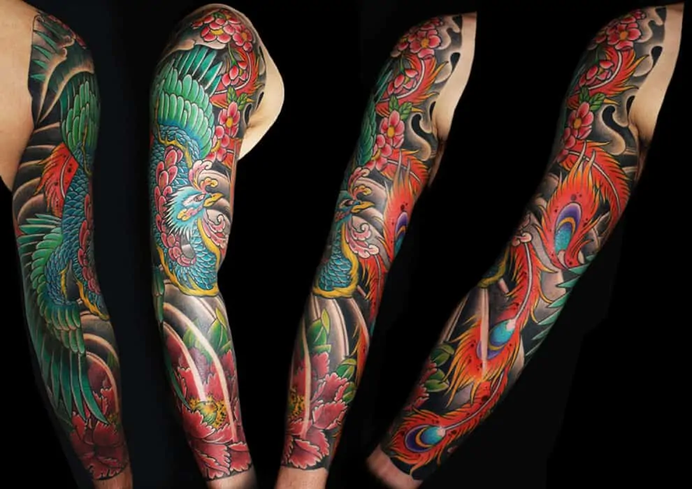 Colorful Japanese Phoenix Tattoos design on full sleeve